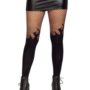Opaque Flame Tights With Fishnet Top - One Size - Black