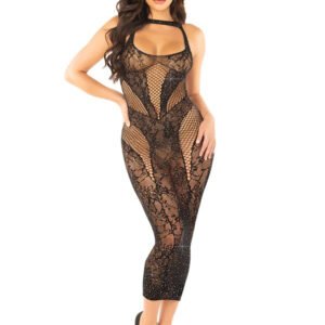 Seamless Rhinestone Lace and Net Body Con Dress - Os - Black