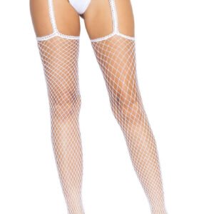Industrial Net Stockings With Scalloped Trimmed Attached Garter Belt - One Size - White