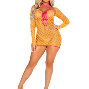 2 Pc Eyelet Net Mini Dress With Tie- Front Keyhole and Shrug O/s - Neon Orange