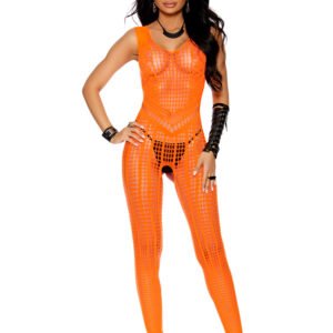 Crochet Footless Bodystocking With Open Crotch - One Size - Orange