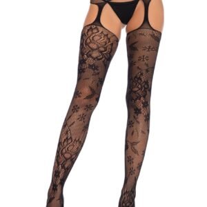Floral Lace Stockings with Attached Waist Garterbelt - Black - One Size
