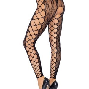 Footless Leopard Lace Crotchless Tights - Black