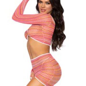 2 Pc Zig Zag Net Crop Top and Mini Dress - One Size - Pink