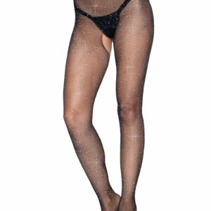 Rhinestone Fishnet Crotchless Tights - One Size - Black