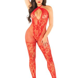 Red Seamless Net and Lace Lingerie Jumpsuit - With Keyhole Crossover Halter - Os