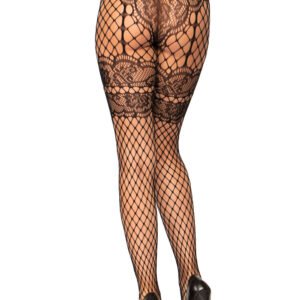 Lace French Cut Faux Garter Net Tights - One Size Black