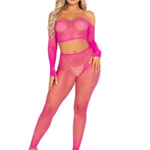 Rhinestone Fishnet Crop Top and Footless Tights O/s - Neon Pink