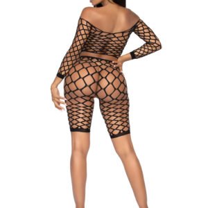 2 Pc Net Crop Top and Bike Shorts - One Size - Black