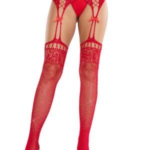 Red Rhinestone Lace Top Fishnet Stockings With - Gartner Belt - Os