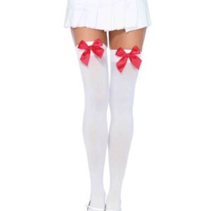 Nylon Over the Knee Socks - White With Red Bow