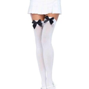 Nylon Thigh Highs With Bow - One Size - White / Black