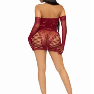 2 Pc Hardcore Net Tube Dress With Gloves - One Size - Burgundy